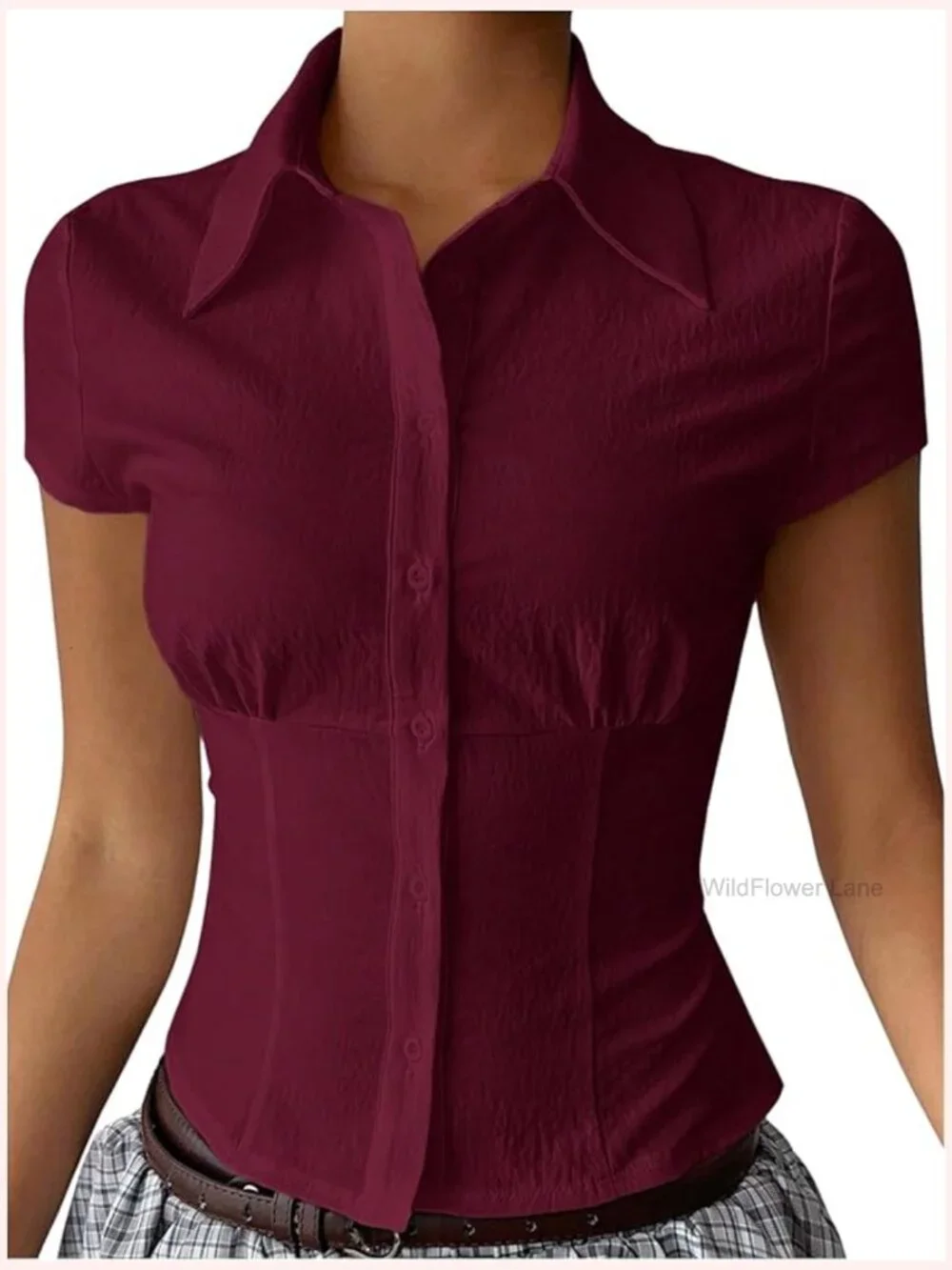 Cap Sleeve Button Down Shirt Blouse Slim Fit Collared Neck Work Tops - Picture 1 of 6